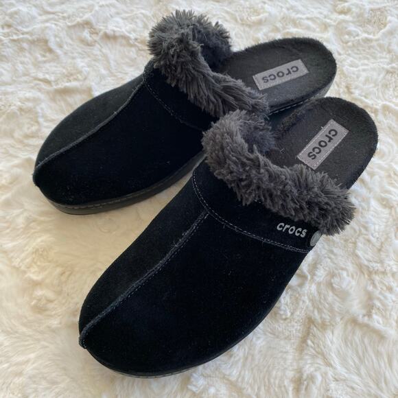 Crocs Women's Cobbler Suede Leather Clog Size 11 Faux Fur Lining Mule Wedge - Picture 2 of 10